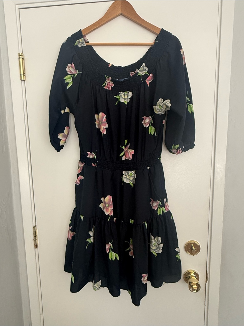 ECI Black Floral Midi Dress with Pink & Cream Blooms